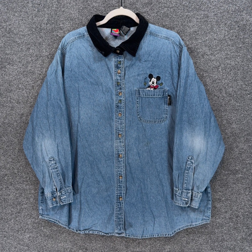 Mickey Unlimited Denim Shirt Women 22W Blue Corduroy Collar Disney Vintage 90s